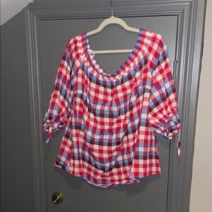 Lane Bryant Red Blue Plaid Scoop Neck Peasant Blouse